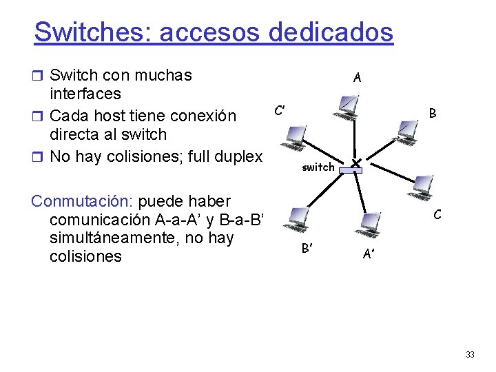 Switches: accesos dedicados Switch con muchas interfaces Cada host tiene conexión directa al switch