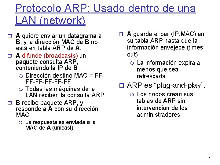 Protocolo ARP: Usado dentro de una LAN (network) A quiere enviar un datagrama a