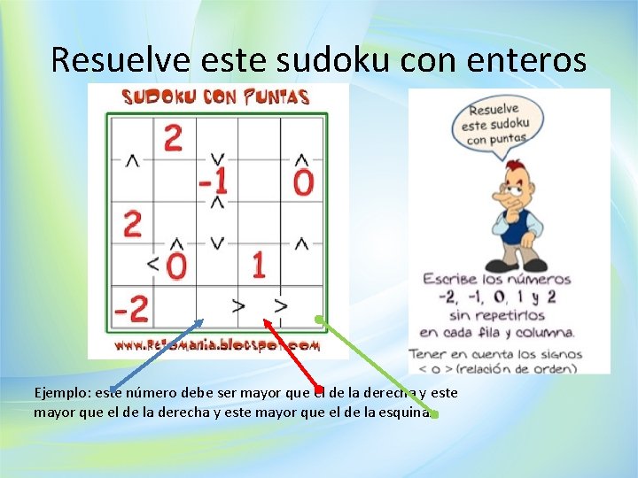 Resuelve este sudoku con enteros Ejemplo: este número debe ser mayor que el de