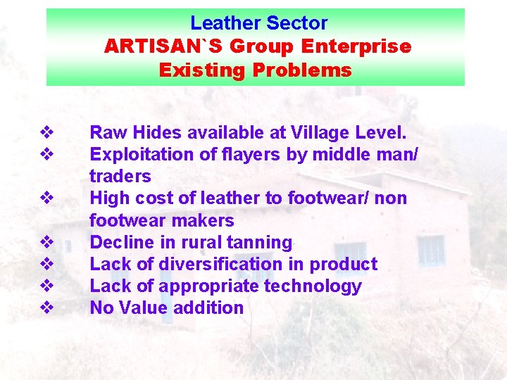 Leather Sector ARTISAN`S Group Enterprise Existing Problems v v v v Raw Hides available