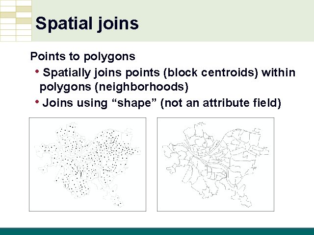 Spatial joins Points to polygons • Spatially joins points (block centroids) within polygons (neighborhoods)