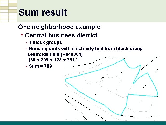 Sum result One neighborhood example • Central business district - 4 block groups -