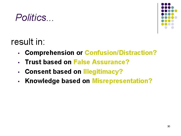 Politics. . . result in: • • Comprehension or Confusion/Distraction? Trust based on False