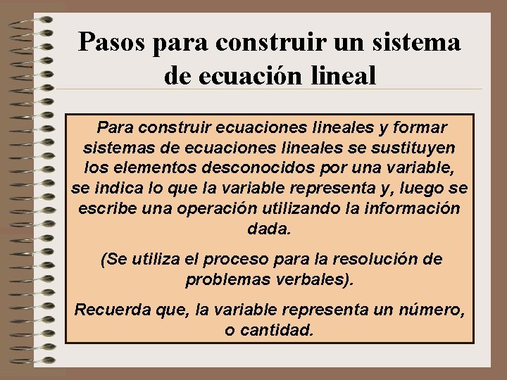 Pasos para construir un sistema de ecuación lineal Para construir ecuaciones lineales y formar