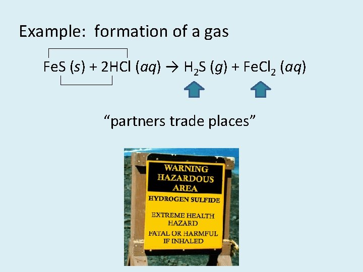 Example: formation of a gas Fe. S (s) + 2 HCl (aq) → H