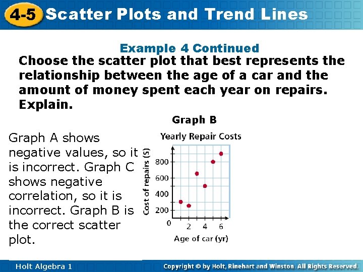 4 -5 Scatter Plots and Trend Lines Example 4 Continued Choose the scatter plot