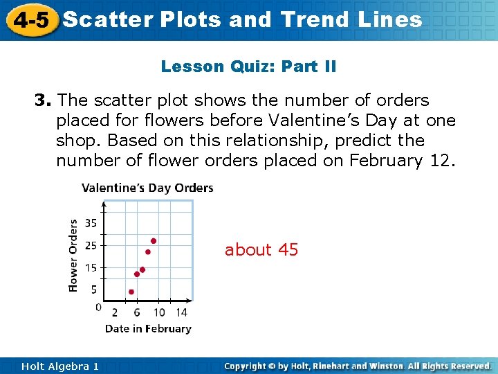 4 -5 Scatter Plots and Trend Lines Lesson Quiz: Part II 3. The scatter