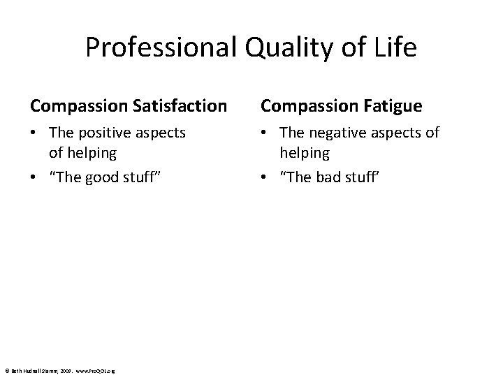 Professional Quality of Life Compassion Satisfaction Compassion Fatigue • The positive aspects of helping