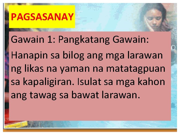 PAGSASANAY Gawain 1: Pangkatang Gawain: Hanapin sa bilog ang mga larawan ng likas na