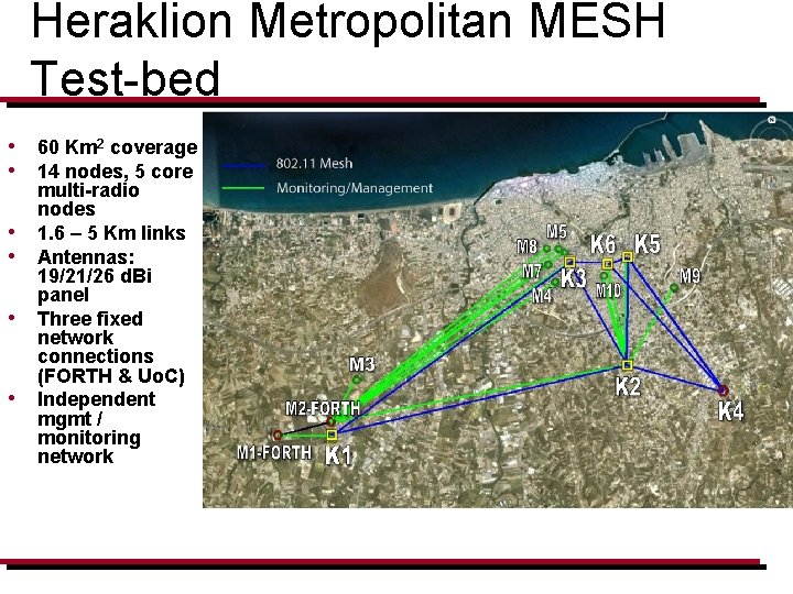 Heraklion Metropolitan MESH Test-bed • 60 Km 2 coverage • 14 nodes, 5 core
