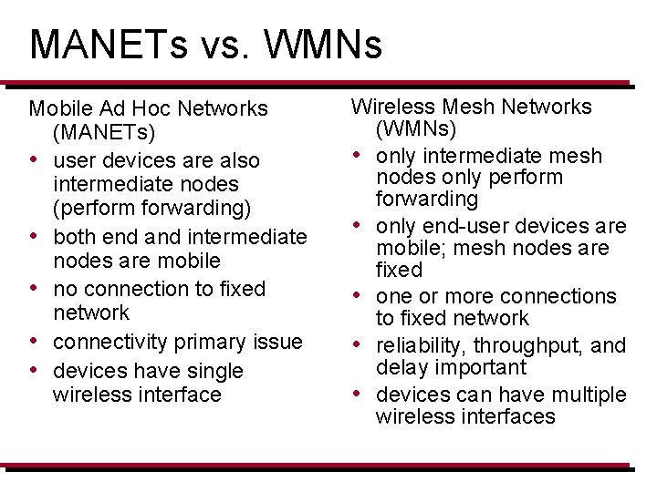 MANETs vs. WMNs Mobile Ad Hoc Networks (MANETs) • user devices are also intermediate