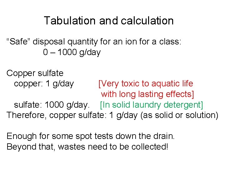 Tabulation and calculation “Safe” disposal quantity for an ion for a class: 0 –