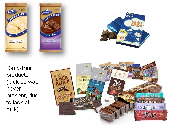 Dairy-free products (lactose was never present, due to lack of milk) 