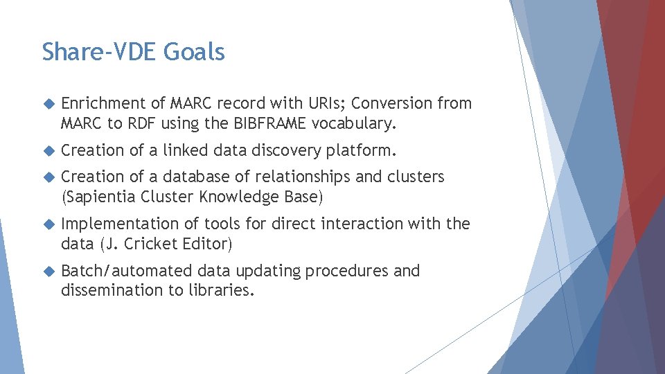 Share-VDE Goals Enrichment of MARC record with URIs; Conversion from MARC to RDF using