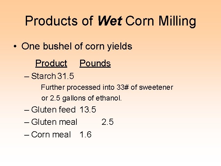 Products of Wet Corn Milling • One bushel of corn yields Product Pounds –