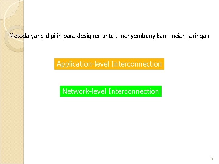 Metoda yang dipilih para designer untuk menyembunyikan rincian jaringan Application-level Interconnection Network-level Interconnection 3