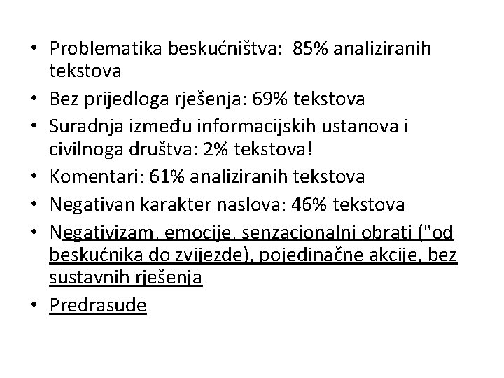  • Problematika beskućništva: 85% analiziranih tekstova • Bez prijedloga rješenja: 69% tekstova •