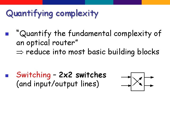 Quantifying complexity n n “Quantify the fundamental complexity of an optical router” reduce into