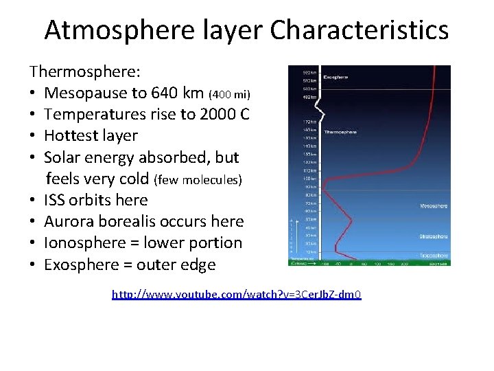 Atmosphere layer Characteristics Thermosphere: • Mesopause to 640 km (400 mi) • Temperatures rise