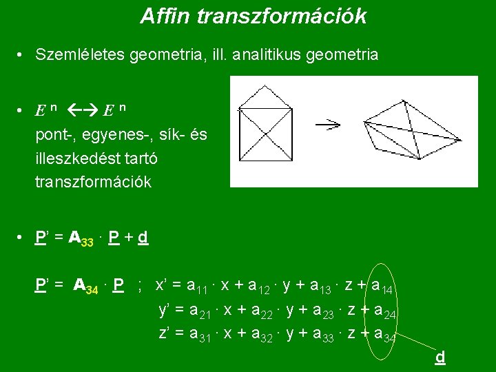 Affin transzformációk • Szemléletes geometria, ill. analitikus geometria • E n pont-, egyenes-, sík-