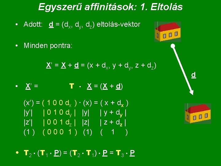 Egyszerű affinitások: 1. Eltolás • Adott: d = (dx, dy, dz) eltolás-vektor • Minden