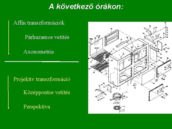 A következő órákon: Affin transzformációk Párhuzamos vetítés Axonometria Projektív transzformáció Középpontos vetítés Perspektíva 