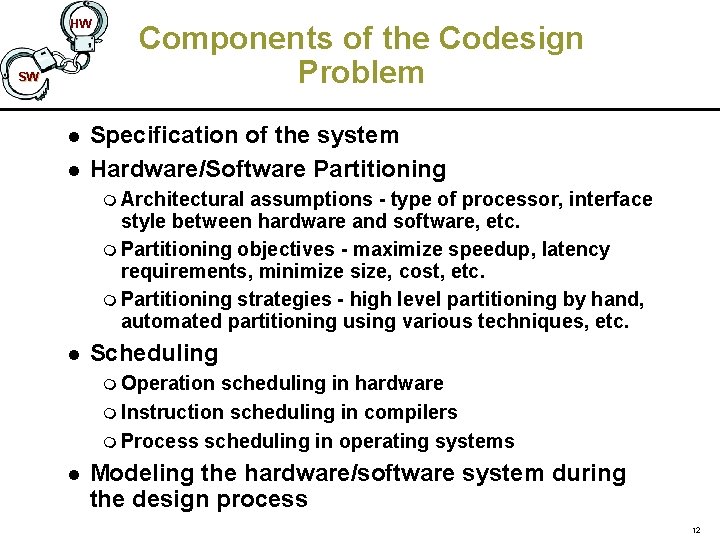 HW SW l l Components of the Codesign Problem Specification of the system Hardware/Software