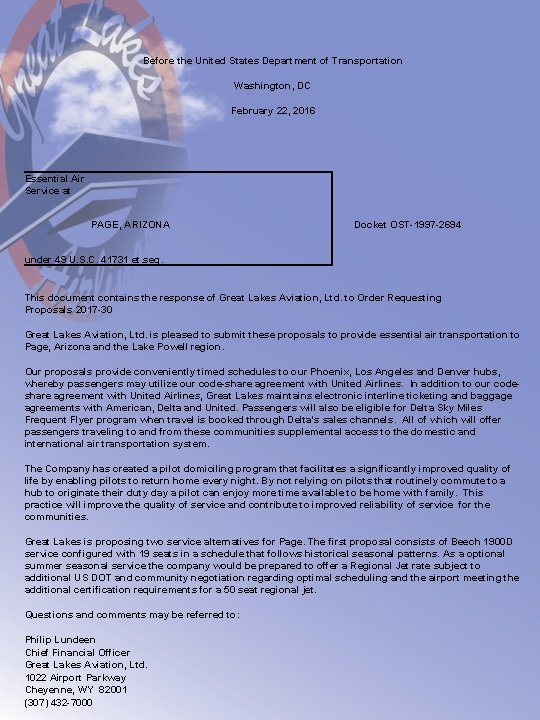 Before the United States Department of Transportation Washington, DC February 22, 2016 Essential Air Before the United States Department of Transportation Washington, DC February 22, 2016 Essential Air