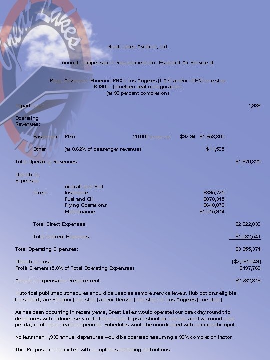 Great Lakes Aviation, Ltd. Annual Compensation Requirements for Essential Air Service at Page, Arizona Great Lakes Aviation, Ltd. Annual Compensation Requirements for Essential Air Service at Page, Arizona