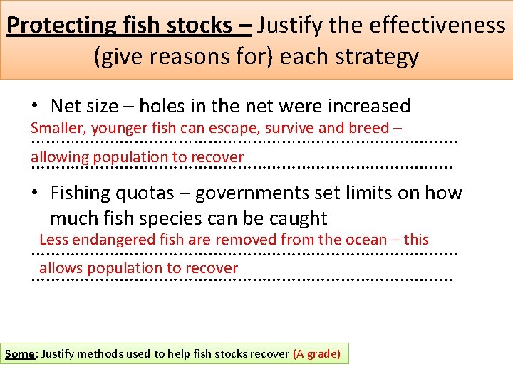 Protecting fish stocks – Justify the effectiveness (give reasons for) each strategy • Net