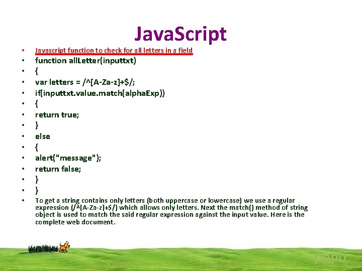  • • • • Java. Script Javascript function to check for all letters