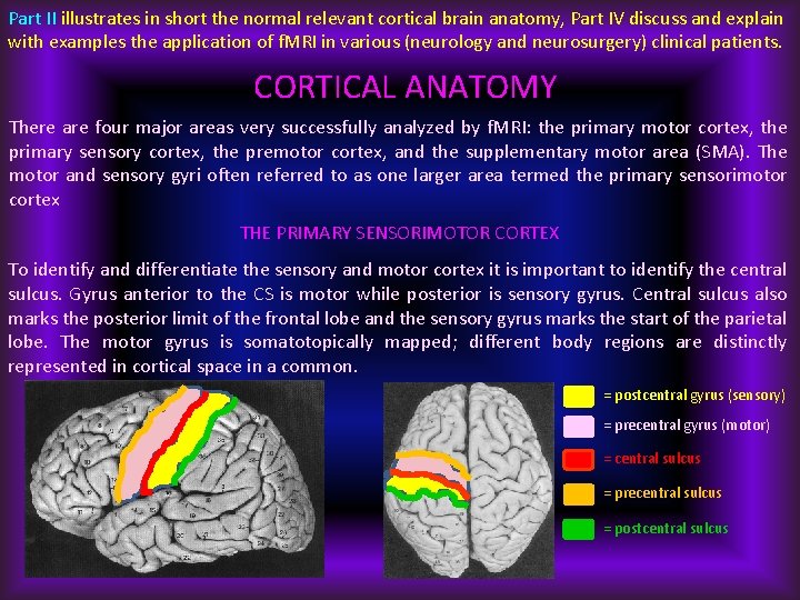 Part II illustrates in short the normal relevant cortical brain anatomy, Part IV discuss