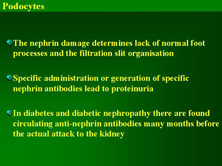 Podocytes The nephrin damage determines lack of normal foot processes and the filtration slit