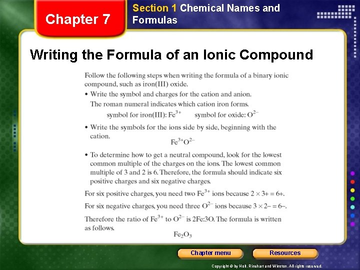 Chapter 7 Section 1 Chemical Names and Formulas Writing the Formula of an Ionic