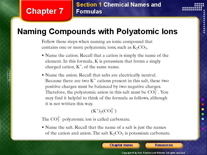 Chapter 7 Section 1 Chemical Names and Formulas Naming Compounds with Polyatomic Ions Chapter
