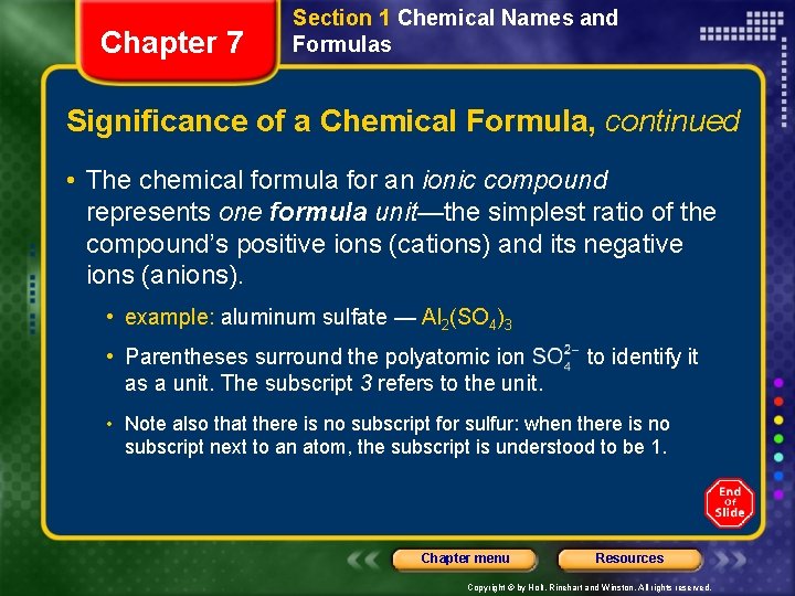 Chapter 7 Section 1 Chemical Names and Formulas Significance of a Chemical Formula, continued