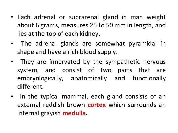  • Each adrenal or suprarenal gland in man weight about 6 grams, measures