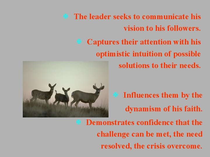 X The leader seeks to communicate his vision to his followers. X Captures their X The leader seeks to communicate his vision to his followers. X Captures their