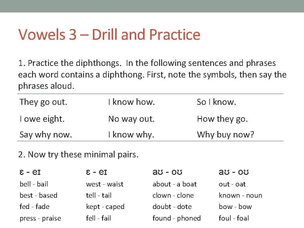 Vowels 3 – Drill and Practice 1. Practice the diphthongs. In the following sentences