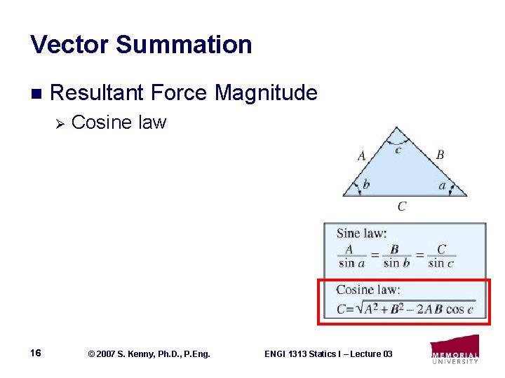 Vector Summation n Resultant Force Magnitude Ø 16 Cosine law © 2007 S. Kenny,