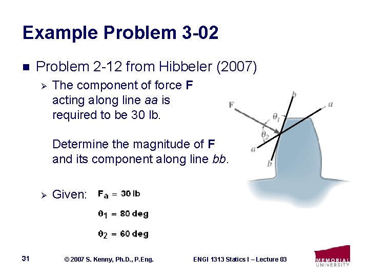 Example Problem 3 -02 n Problem 2 -12 from Hibbeler (2007) Ø The component