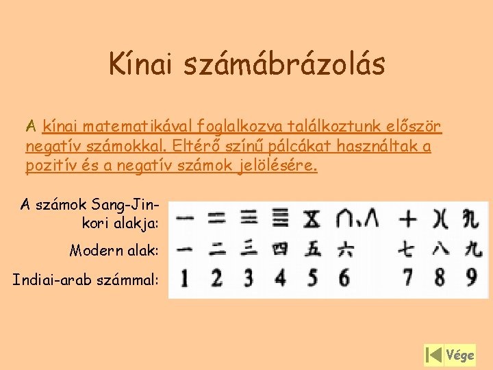 Kínai számábrázolás A kínai matematikával foglalkozva találkoztunk először negatív számokkal. Eltérő színű pálcákat használtak Kínai számábrázolás A kínai matematikával foglalkozva találkoztunk először negatív számokkal. Eltérő színű pálcákat használtak