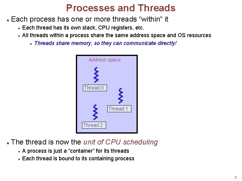 Processes and Threads Each process has one or more threads “within” it Each thread