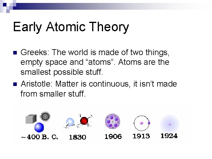 Early Atomic Theory n n Greeks: The world is made of two things, empty