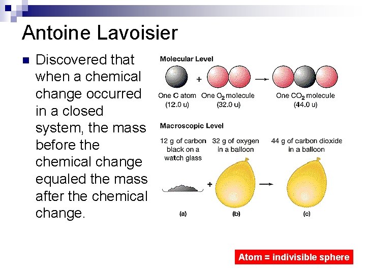 Antoine Lavoisier n Discovered that when a chemical change occurred in a closed system,