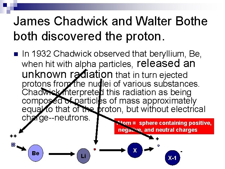 James Chadwick and Walter Bothe both discovered the proton. n In 1932 Chadwick observed