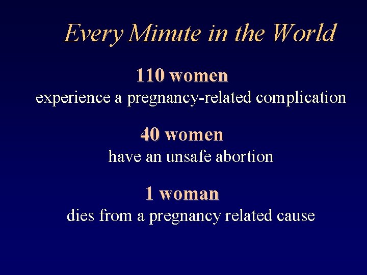 Every Minute in the World 110 women experience a pregnancy-related complication 40 women have