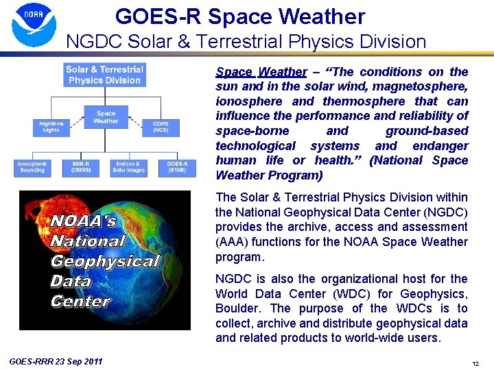 GOES-R Space Weather NGDC Solar & Terrestrial Physics Division Space Weather – “The conditions