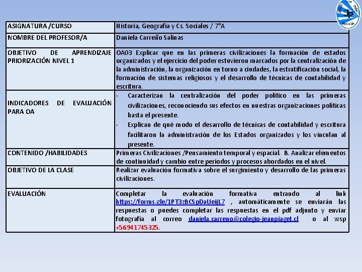 ASIGNATURA /CURSO Historia, Geografía y Cs. Sociales / 7°A NOMBRE DEL PROFESOR/A Daniela Carreño