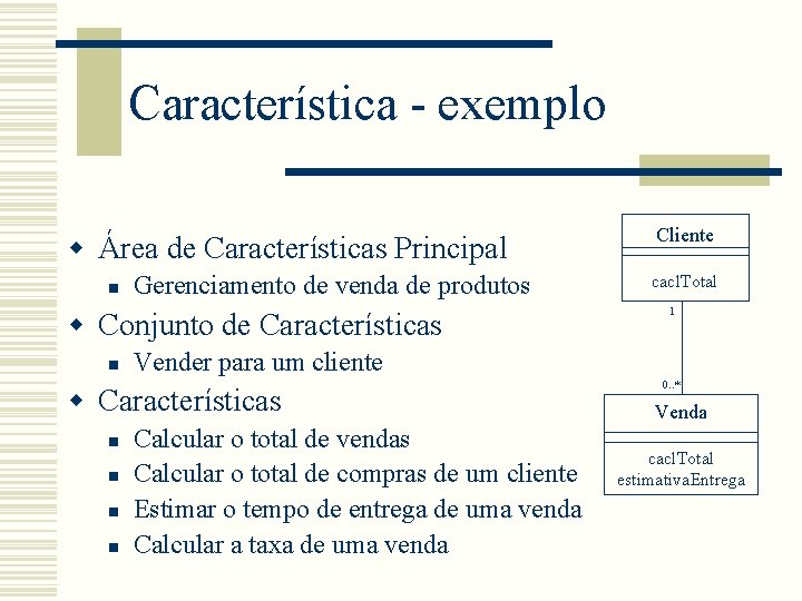 Característica - exemplo w Área de Características Principal n Gerenciamento de venda de produtos Característica - exemplo w Área de Características Principal n Gerenciamento de venda de produtos